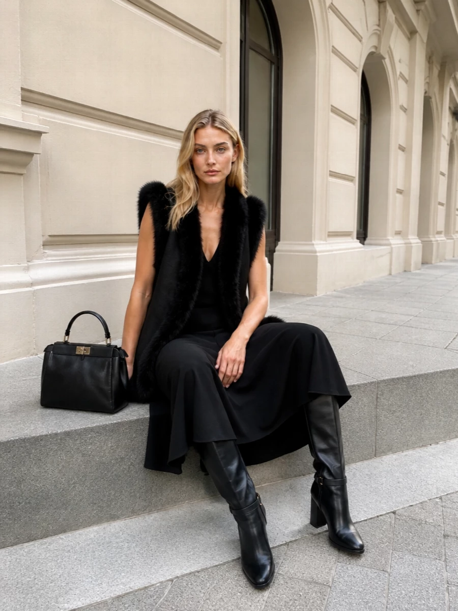 Fendi black gilet midi dress boots outfit