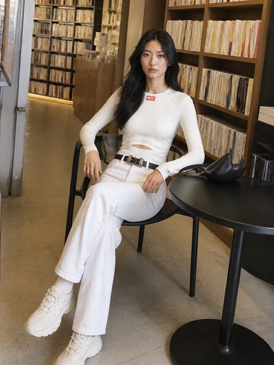 Diesel white jeans ivory cutout top beige sneakers