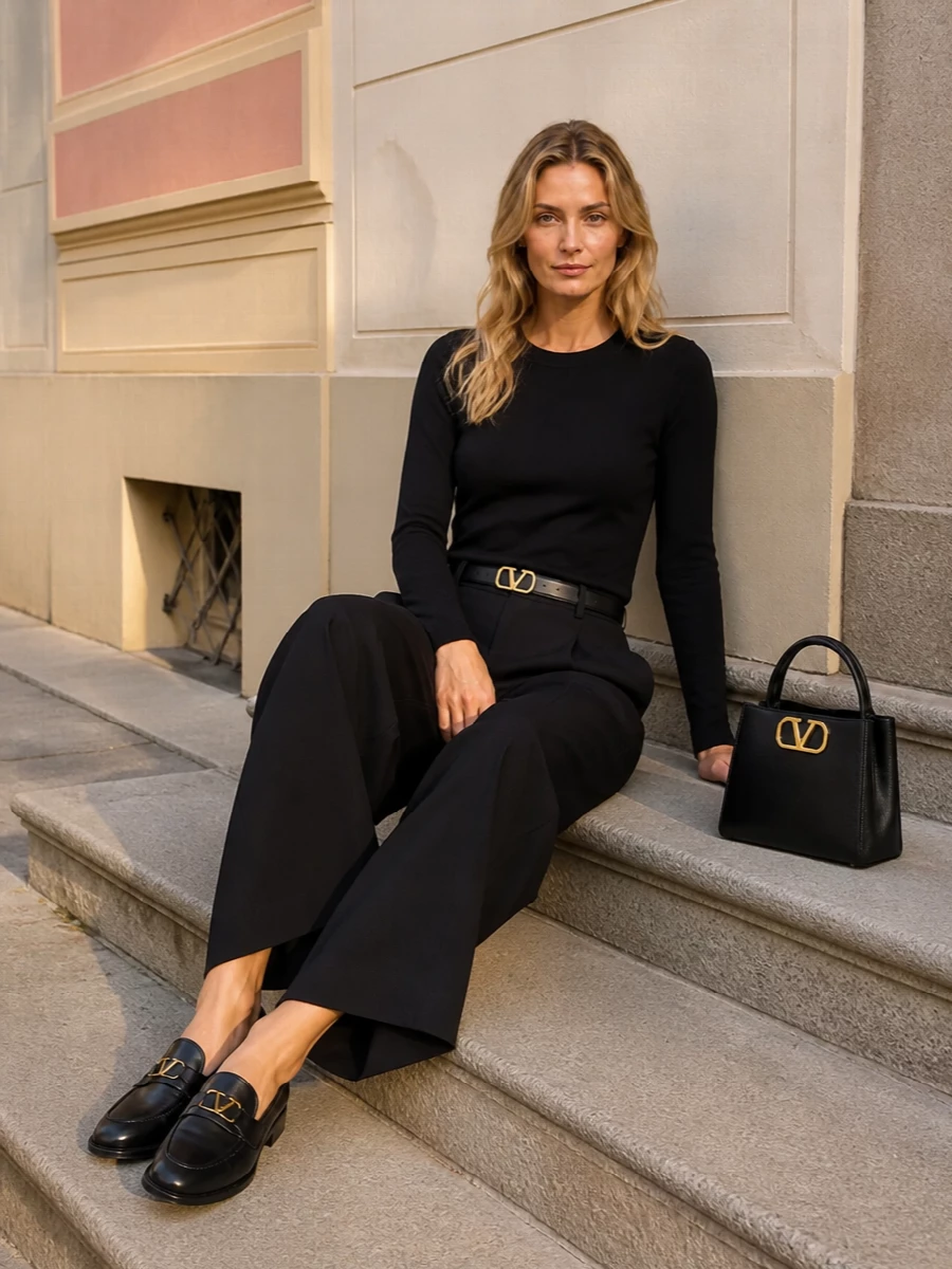 Valentino black sweater wide leg trousers outfit