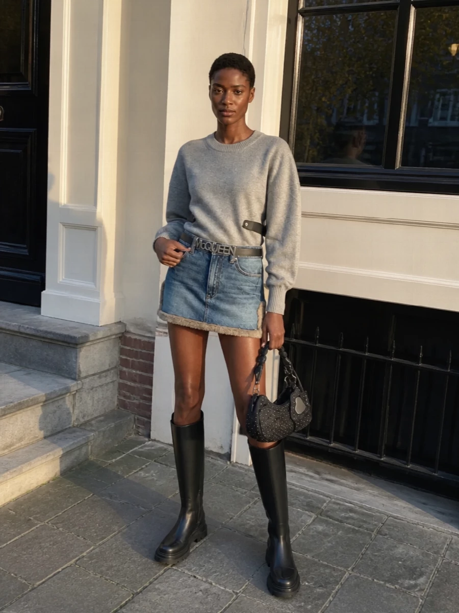 Alexander wang denim mini skirt chunky boots outfit
