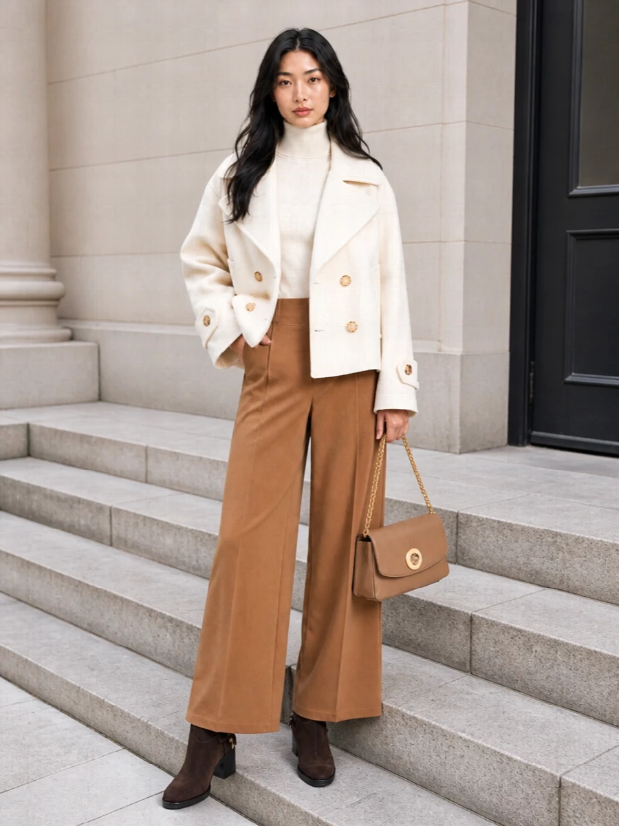 Chloe ivory peacoat camel wide leg trousers outfit