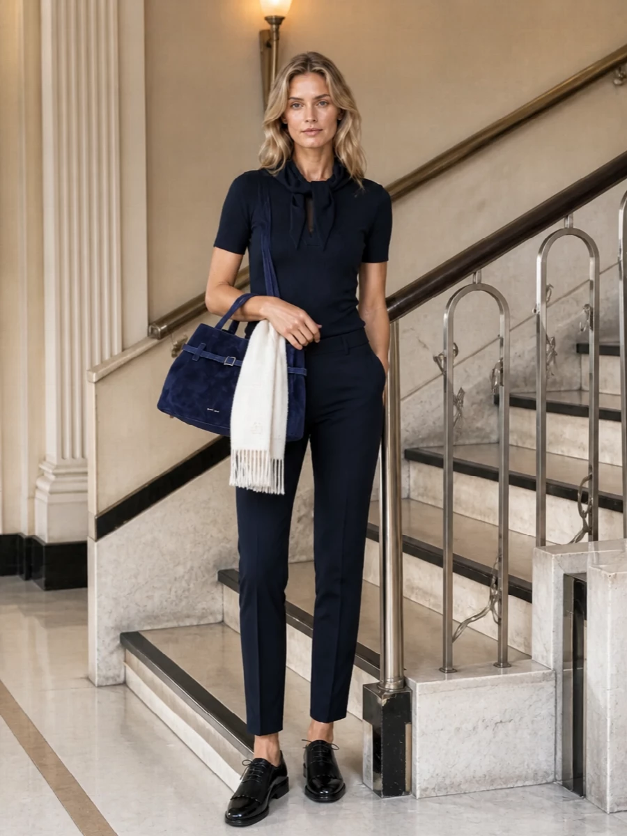 Max mara navy knit tailored trousers outfit