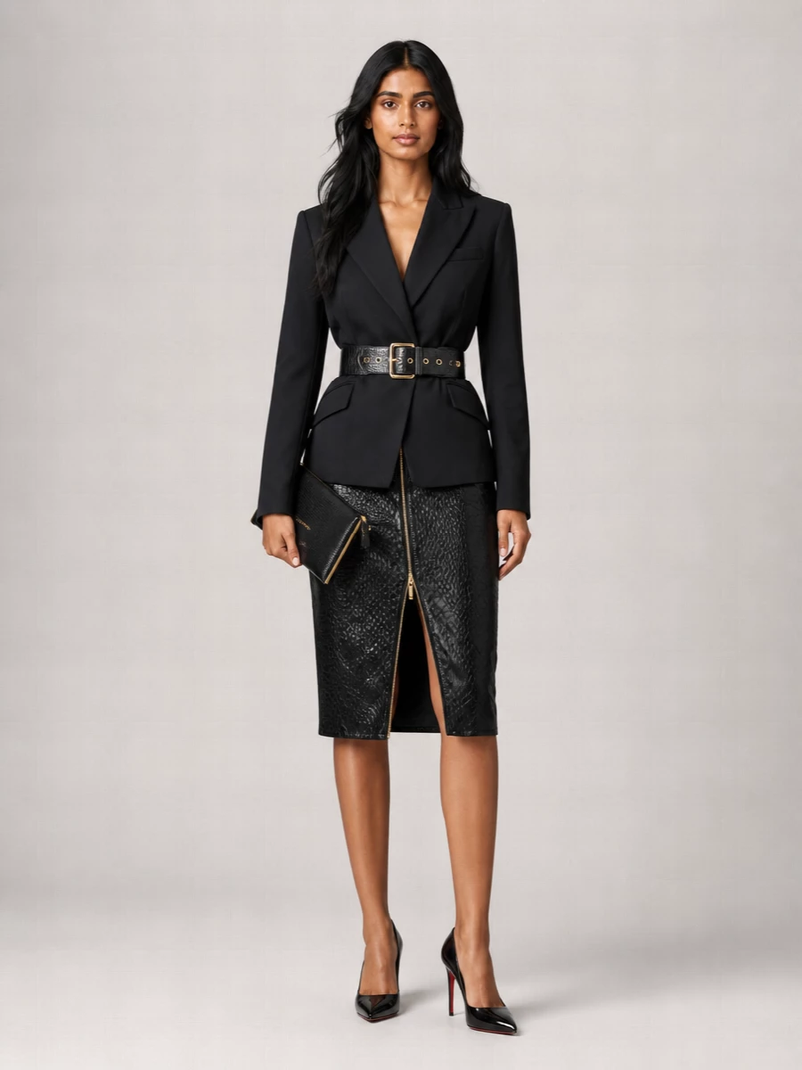 A high-shine pencil skirt meets a cinched black blazer and sculpting belt for a sharply defined hourglass that feels confident and unapologetically feminine. Glossy black pumps and a slim gold-framed clutch keep the focus on line and texture, creating a precise, after-dark take on Italian tailoring. The result is all about legs, structure and a controlled dose of glamour in pure black and gold.
