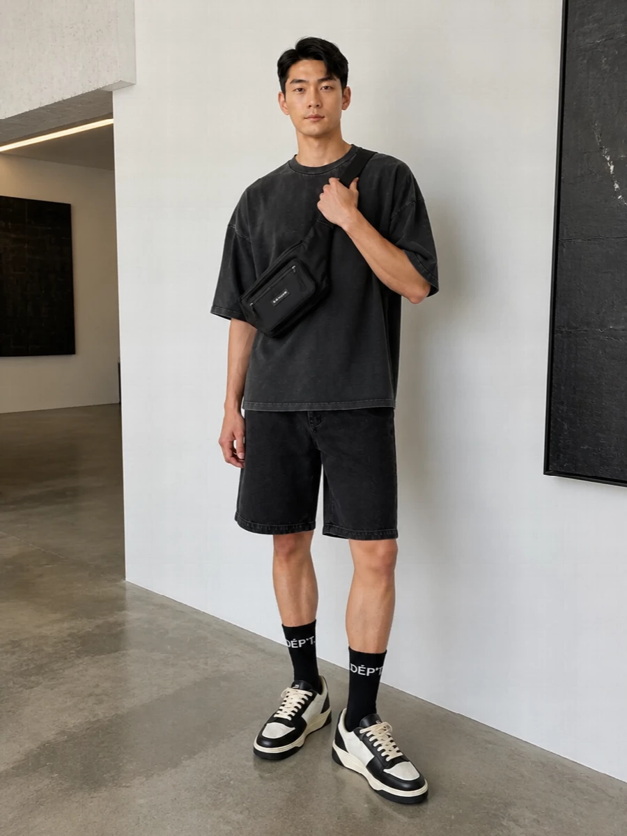 Entire studios black denim shorts oversized tee outfit
