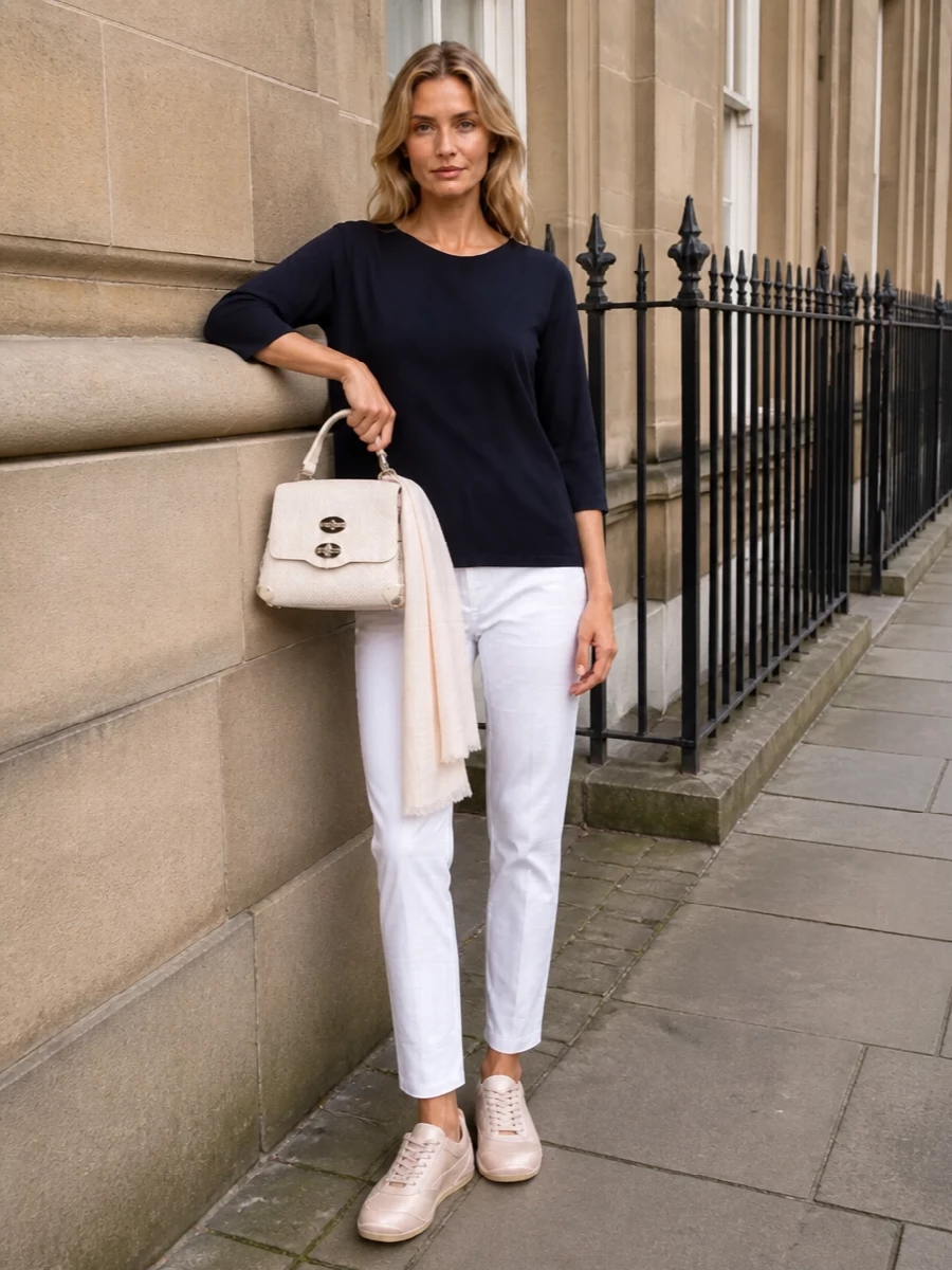Navy and white stay quietly precise here, with the slim ankle trouser sharpening the soft, boxy knit. Blush and ivory accessories keep the palette gentle, modern and nonchalant, so the whole outfit reads polished without feeling strict.