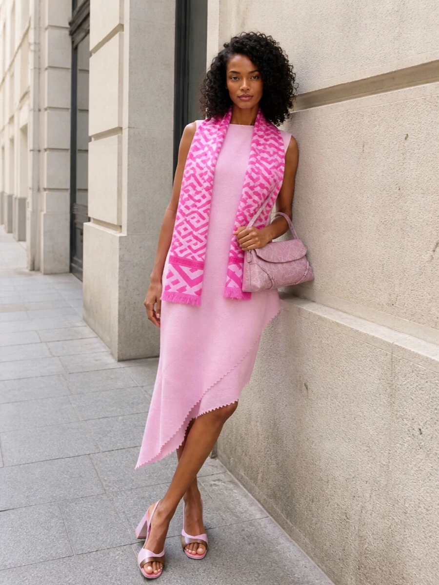 Jacquemus pink midi dress versace scarf outfit