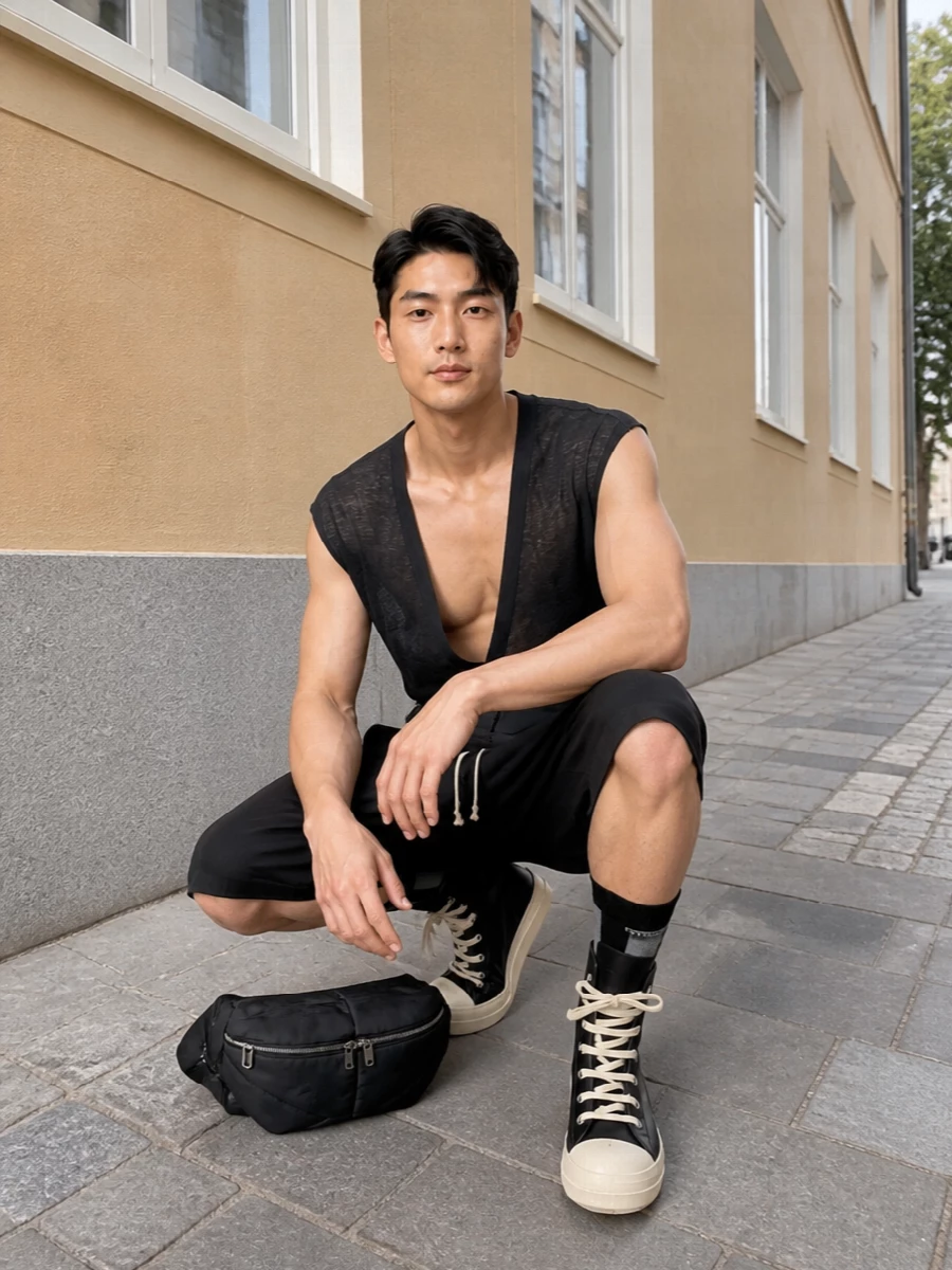 Rick owens sheer tank drop crotch shorts hi tops