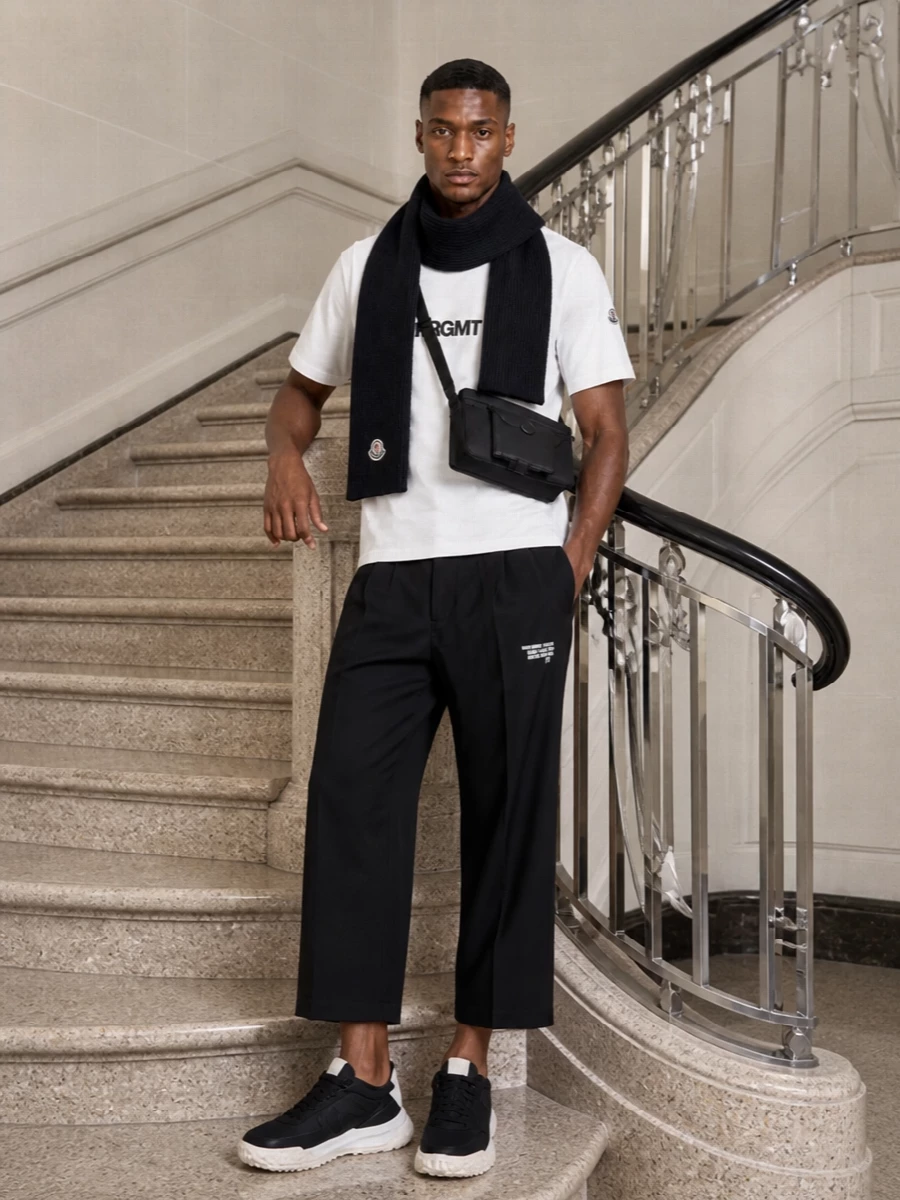 Moncler cropped pleated trouser frgmt tee outfit
