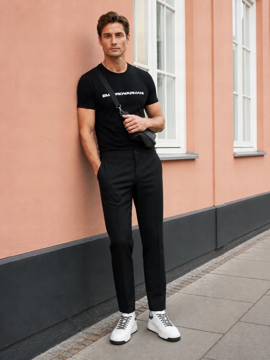 Emporio armani logo tee black trousers outfit