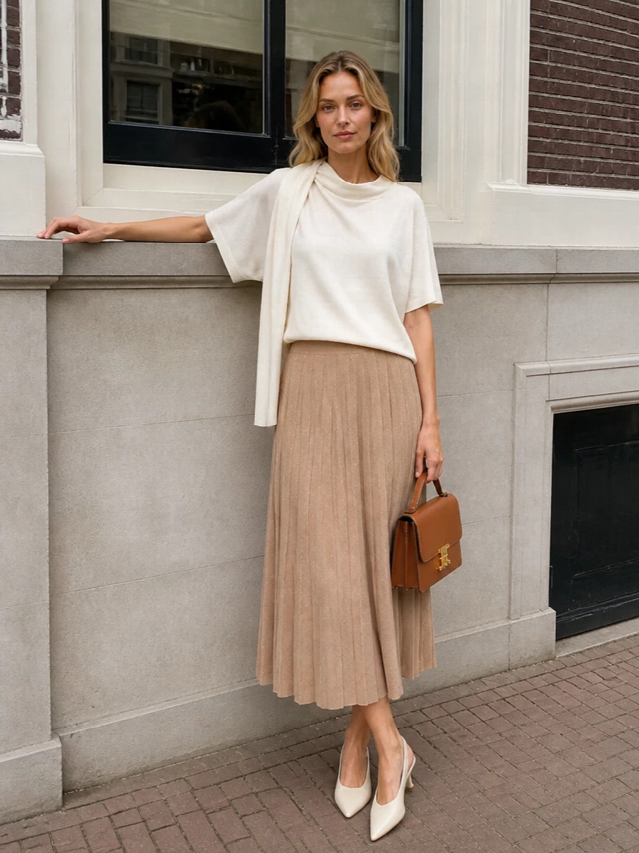 Lisa yang ivory top camel midi skirt outfit