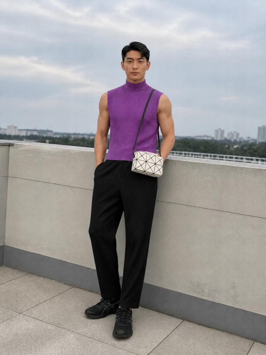 Homme plisse purple top black pleated pants