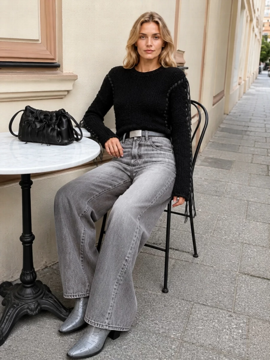 Acne studios wide leg jeans black knit grey boots