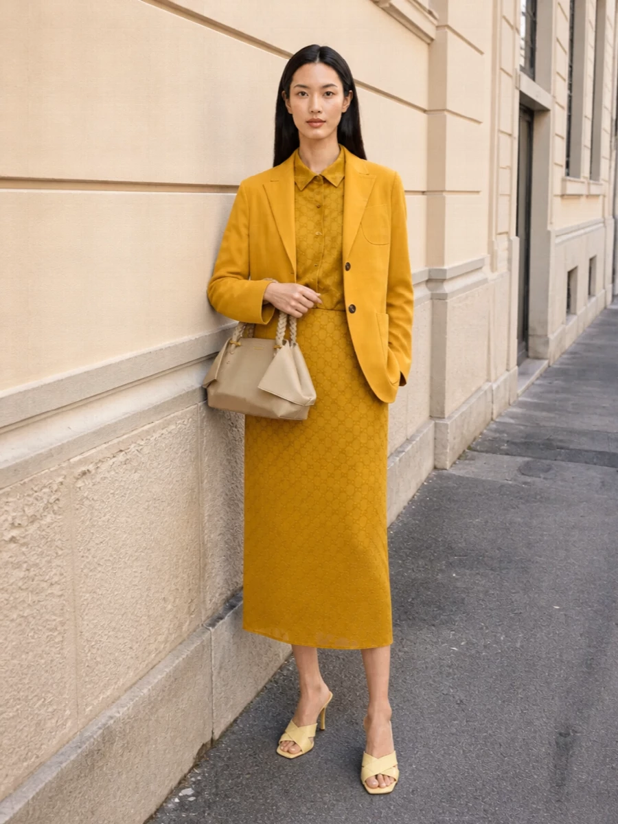 Gucci yellow shirtdress mustard blazer outfit