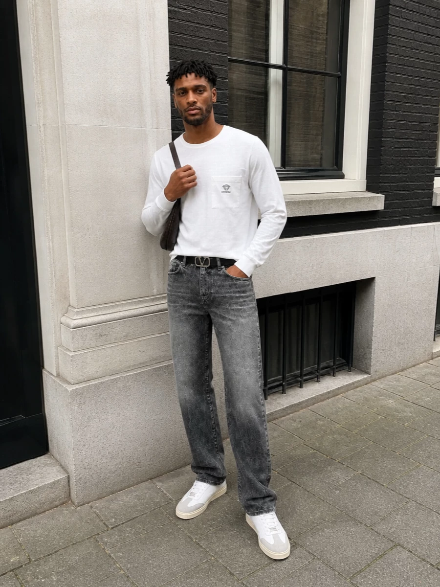 Versace white tee charcoal jeans leather sneakers