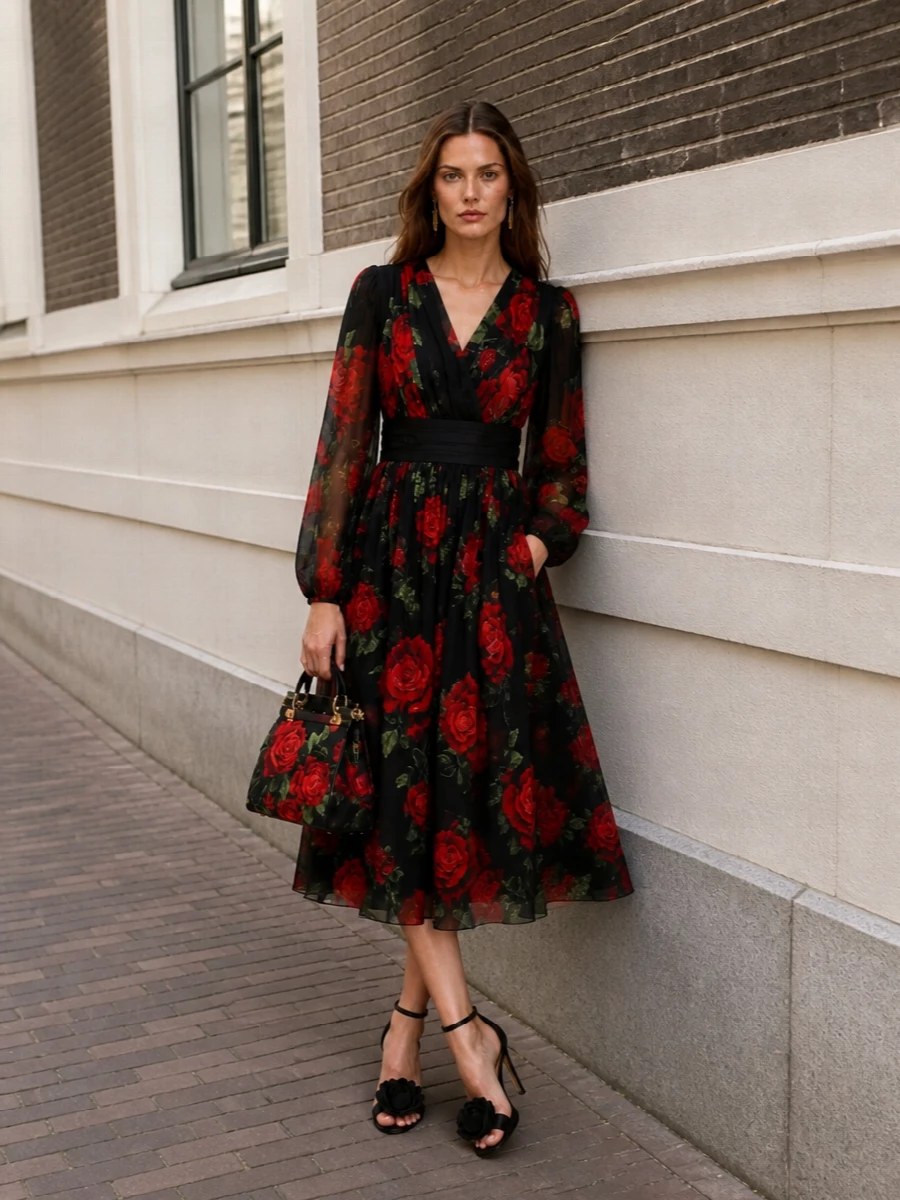 Dolce gabbana rose dress black stiletto sandals