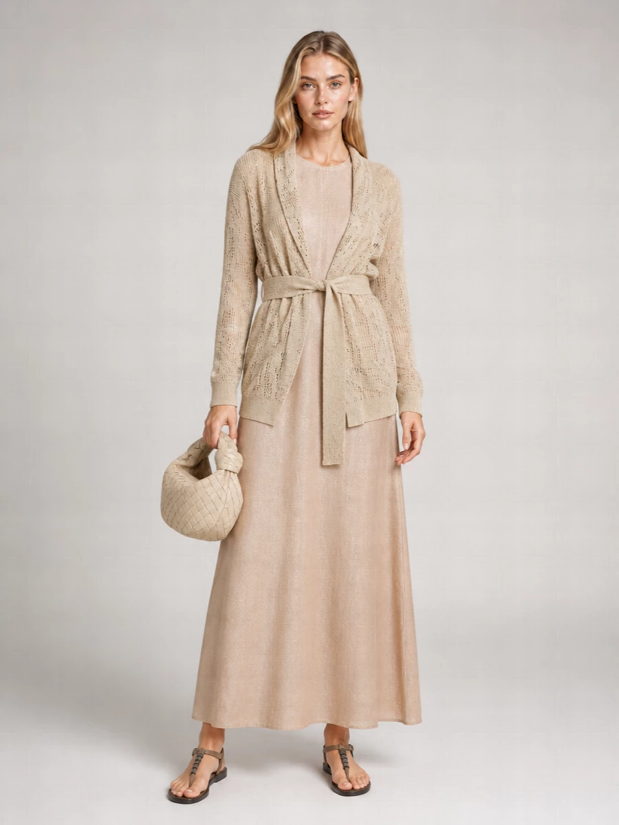 Brunello Cucinelli Linen Crochet Belted Cardigan