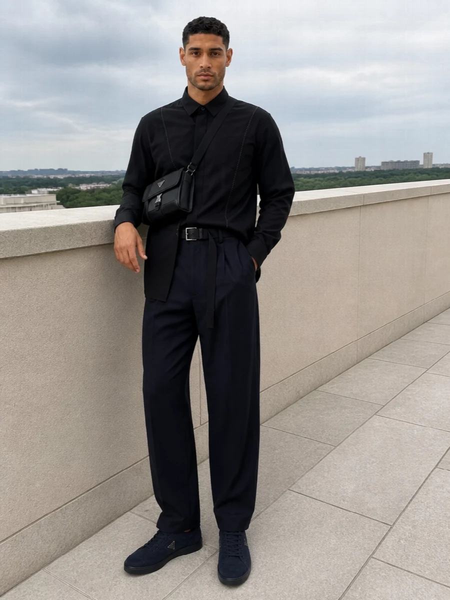 Sacai navy trousers black shirt prada sneakers