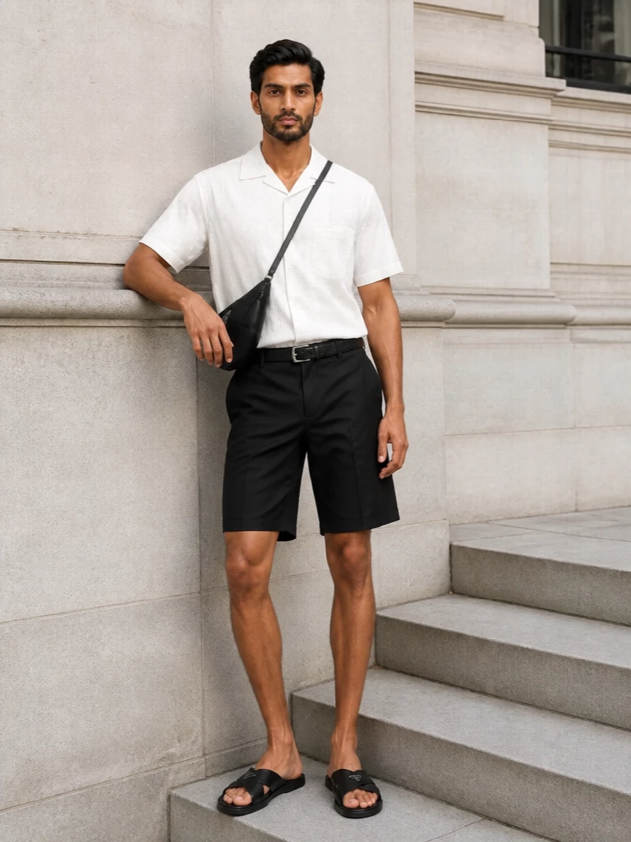 Prada black tailored shorts white camp shirt