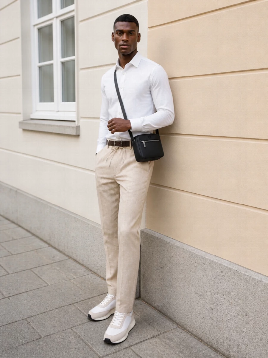 Boss beige drawstring trousers white shirt sneakers