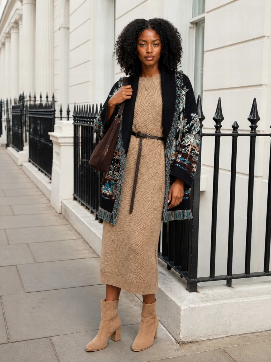 Alanui cardigan camel knit dress suede boots