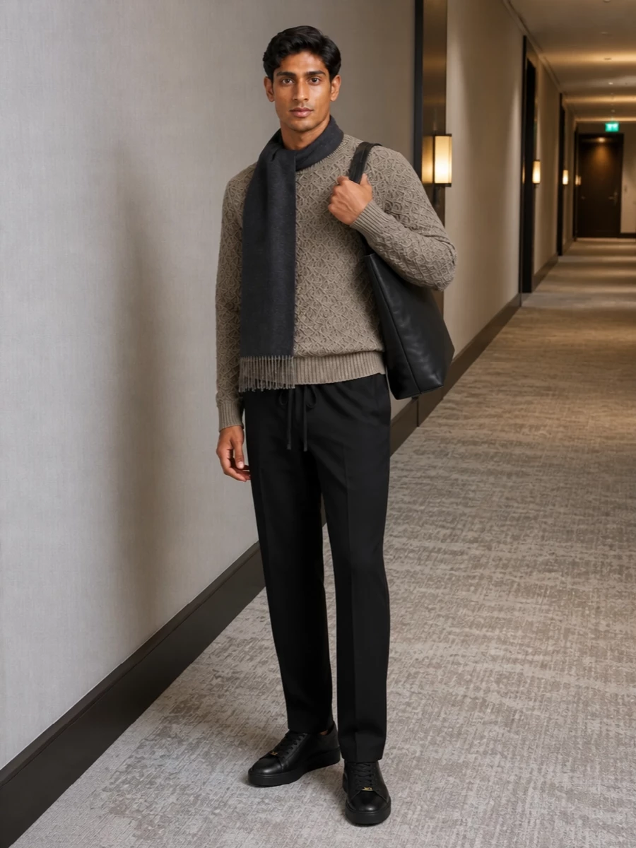Valentino taupe knit black trousers sneakers