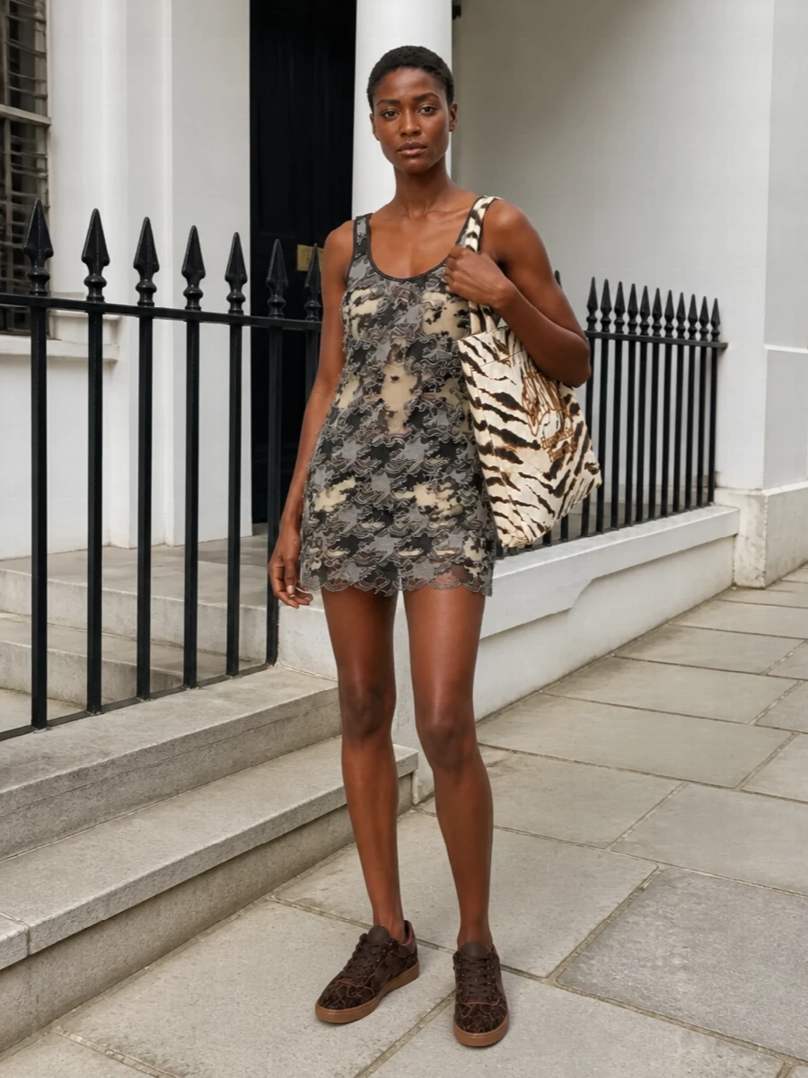 A grunge-tinged Diesel mini in sheer houndstooth sets a graphic base that lets the Ganni tiger tote take center stage. Rich brown leopard sneakers tie back to the bag’s animal energy, keeping the palette firmly in cream, black, and caramel. Choosing the dress route keeps the silhouette clean and leggy, so the prints read intentional and modern rather than busy.