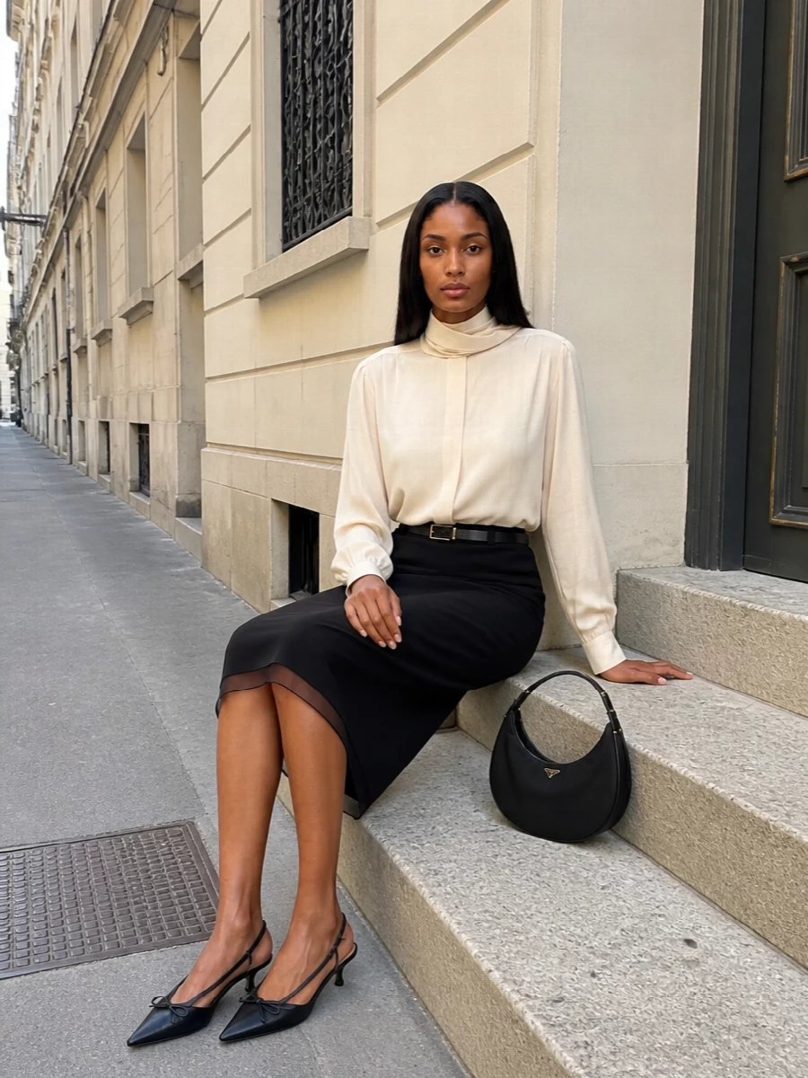 This look builds a refined evening column around the draped black Prada skirt, pairing it with a fluid buttercream high‑neck blouse for soft contrast and elegant movement through the torso. Pointed black slingback kitten heels and a sculptural black crescent bag keep the lines clean and modern, while a slim black belt with gold hardware subtly cinches the waist and echoes the metal accents for a composed, quiet‑luxury finish ideal for SS cocktails or polished dinners.