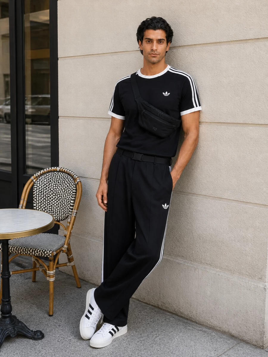 Adidas 3 stripes black shorts outfit court sneakers