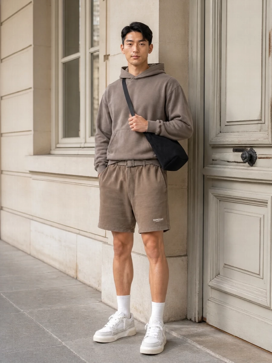 Represent taupe hoodie neutral sneakers outfit