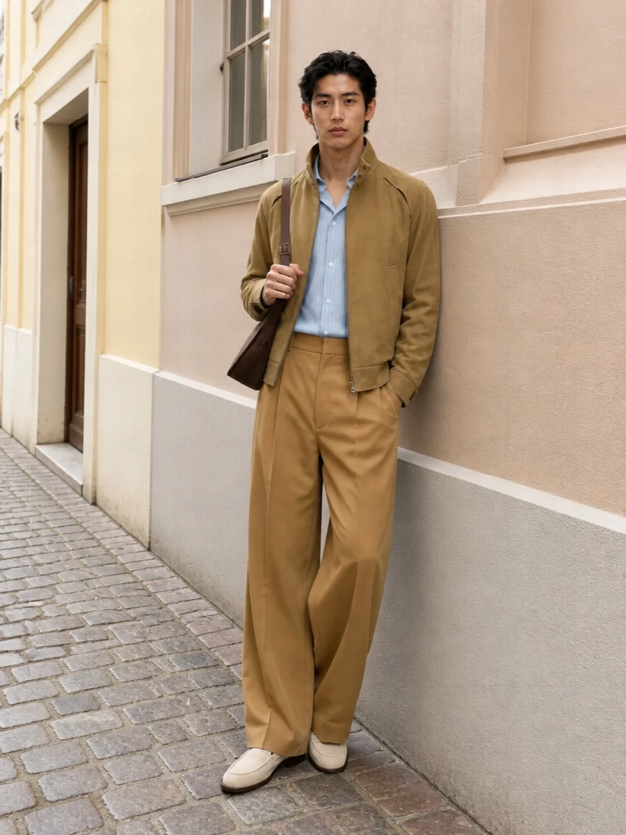 Loewe camel jacket wide leg trousers loafers
