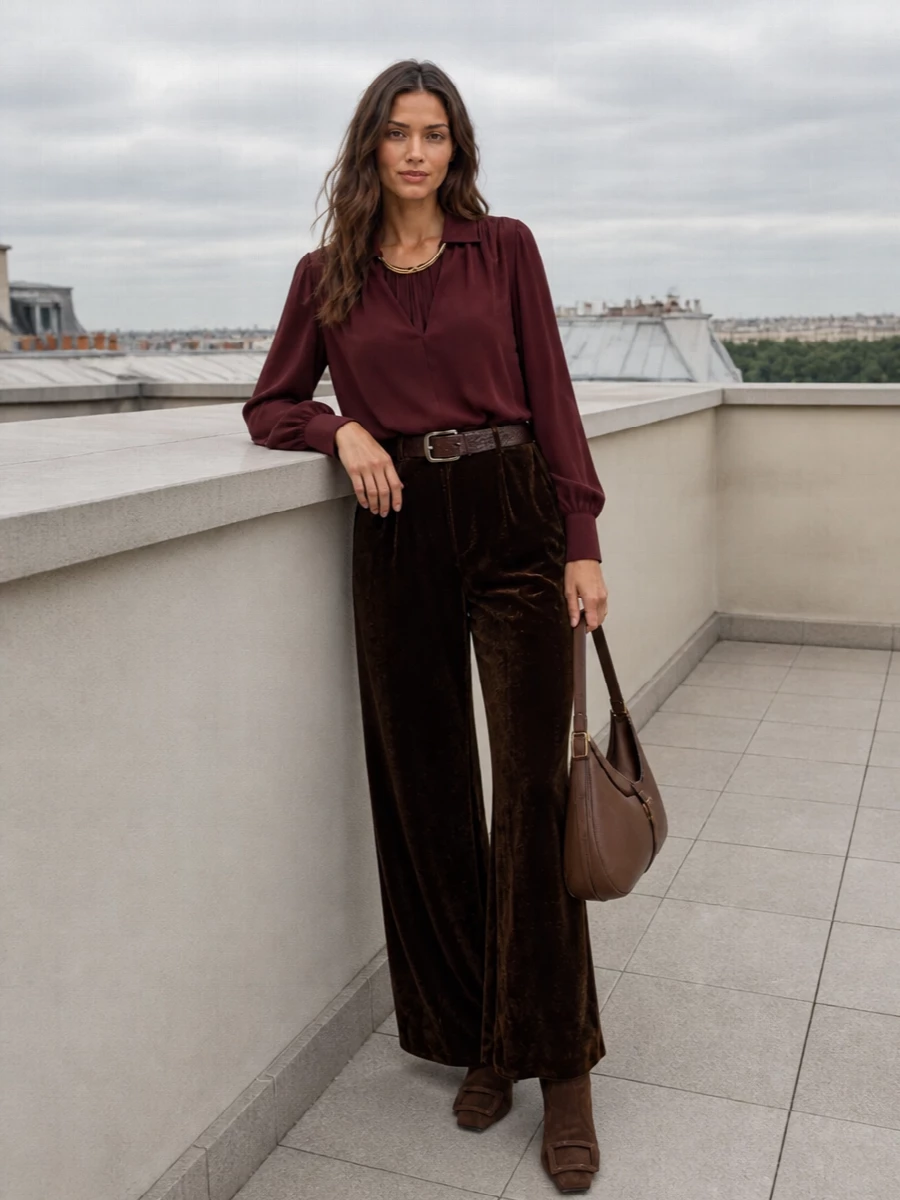 Etro velvet trousers burgundy blouse outfit