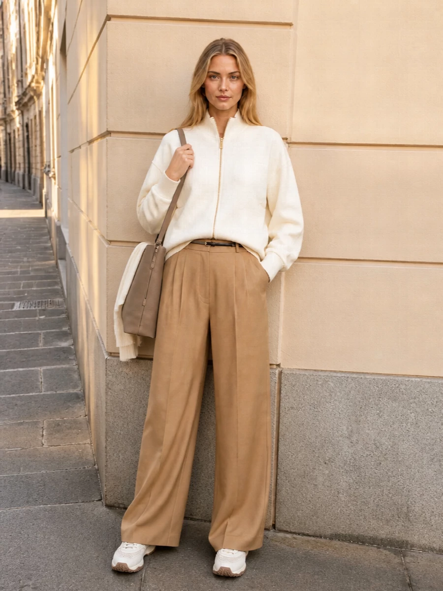 Sportmax ivory bomber camel wide leg trousers