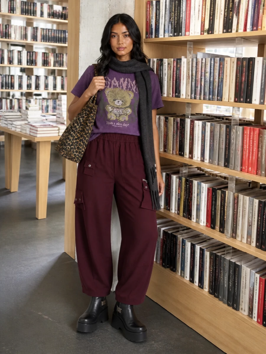 Ganni purple tee burgundy cargo pants outfit