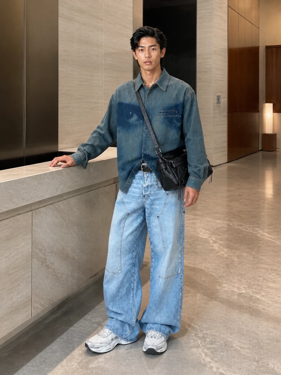 Dsquared2 wide jeans gaultier denim shirt sneakers