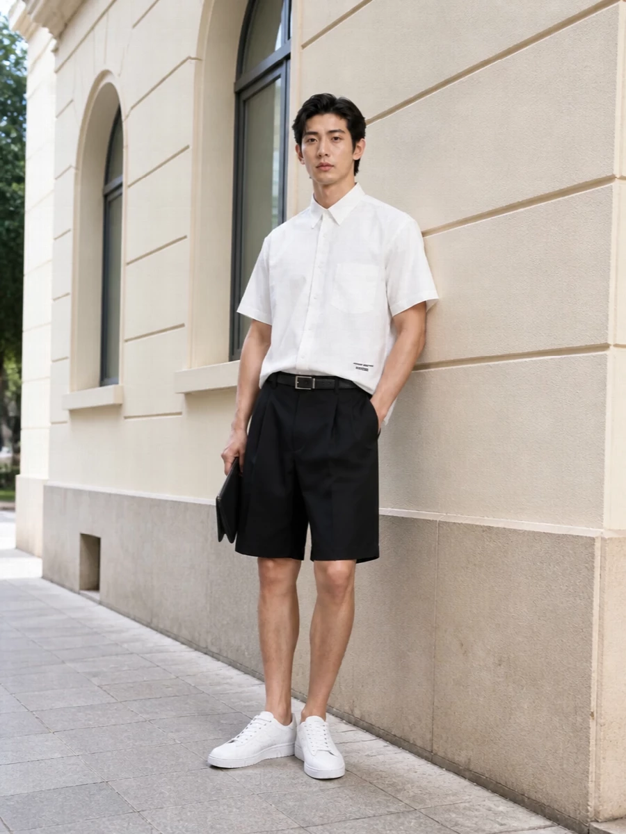 Comme des garcons black shorts white shirt outfit