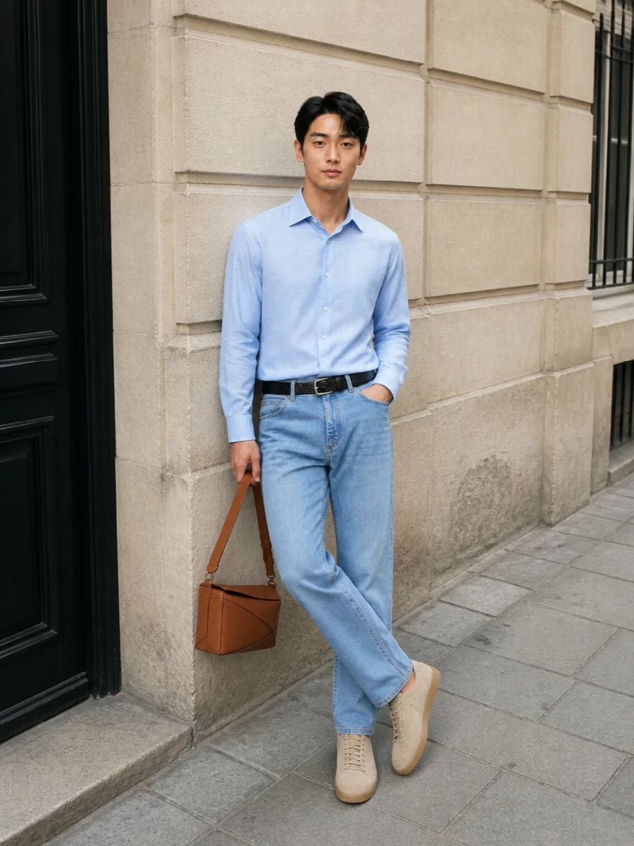 This look leans into a soft tonal story: light-wash Zegna denim paired with a perfectly calibrated light blue shirt for a clean, quietly luxurious SS uniform. Sand suede sneakers and a structured tan Loewe bag warm the palette and underline the off-duty refinement, while a discreet black Bottega belt gives just enough structure at the waist so everything feels intentional rather than casual. It’s polished, airy and modern—ideal for city days, gallery afternoons or relaxed dinners on a terrace.