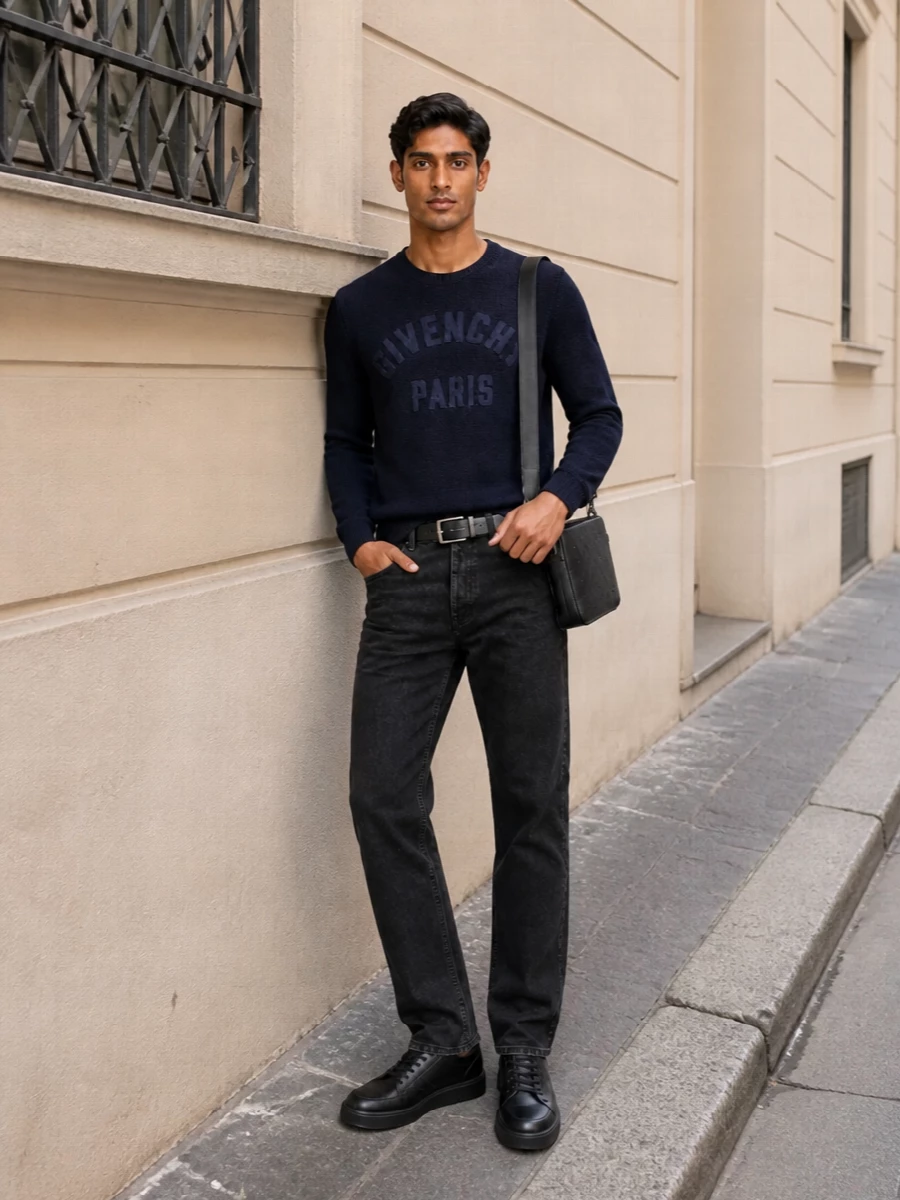 Givenchy navy sweater black jeans sneakers