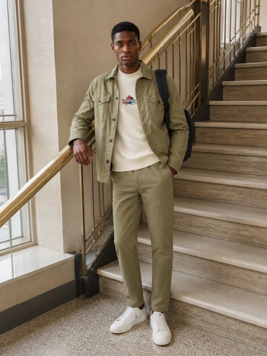 Tommy hilfiger khaki jacket olive chinos outfit