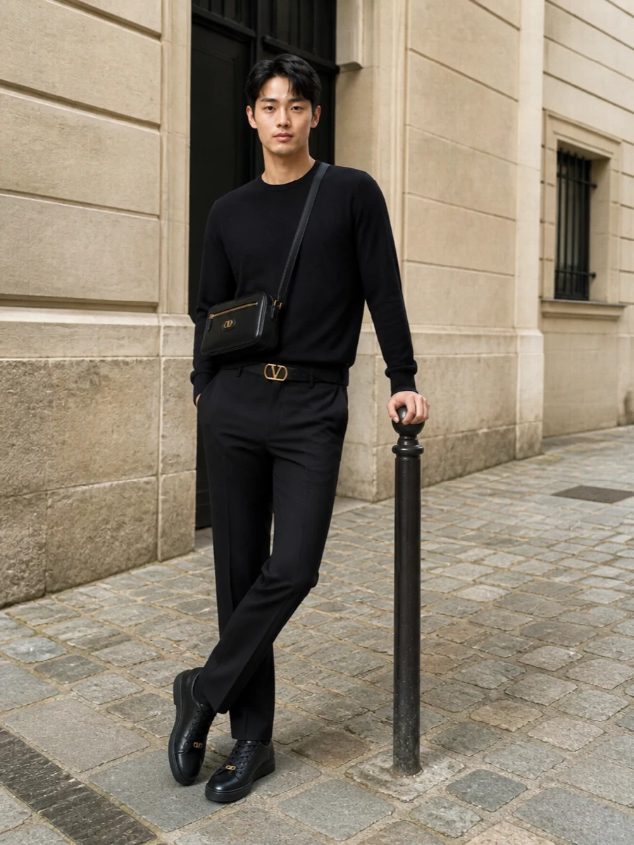 This look takes the refined black Valentino crew and pairs it with sharply tailored black trousers for a sleek, columnar silhouette that feels polished yet relaxed. All-black leather sneakers keep the mood modern and comfortable without losing sophistication, while the structured black crossbody and slim VLogo belt add just enough gold hardware to signal luxury in a quiet, coherent way. The result is an SS-ready uniform that moves effortlessly from daytime city appointments to understated evening plans.