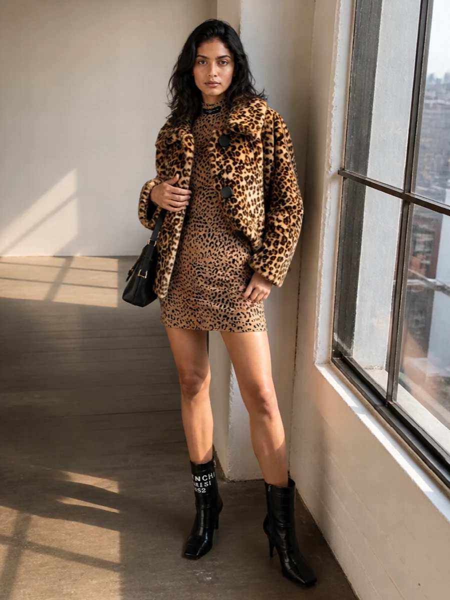 Givenchy leopard coat knit dress black ankle boots