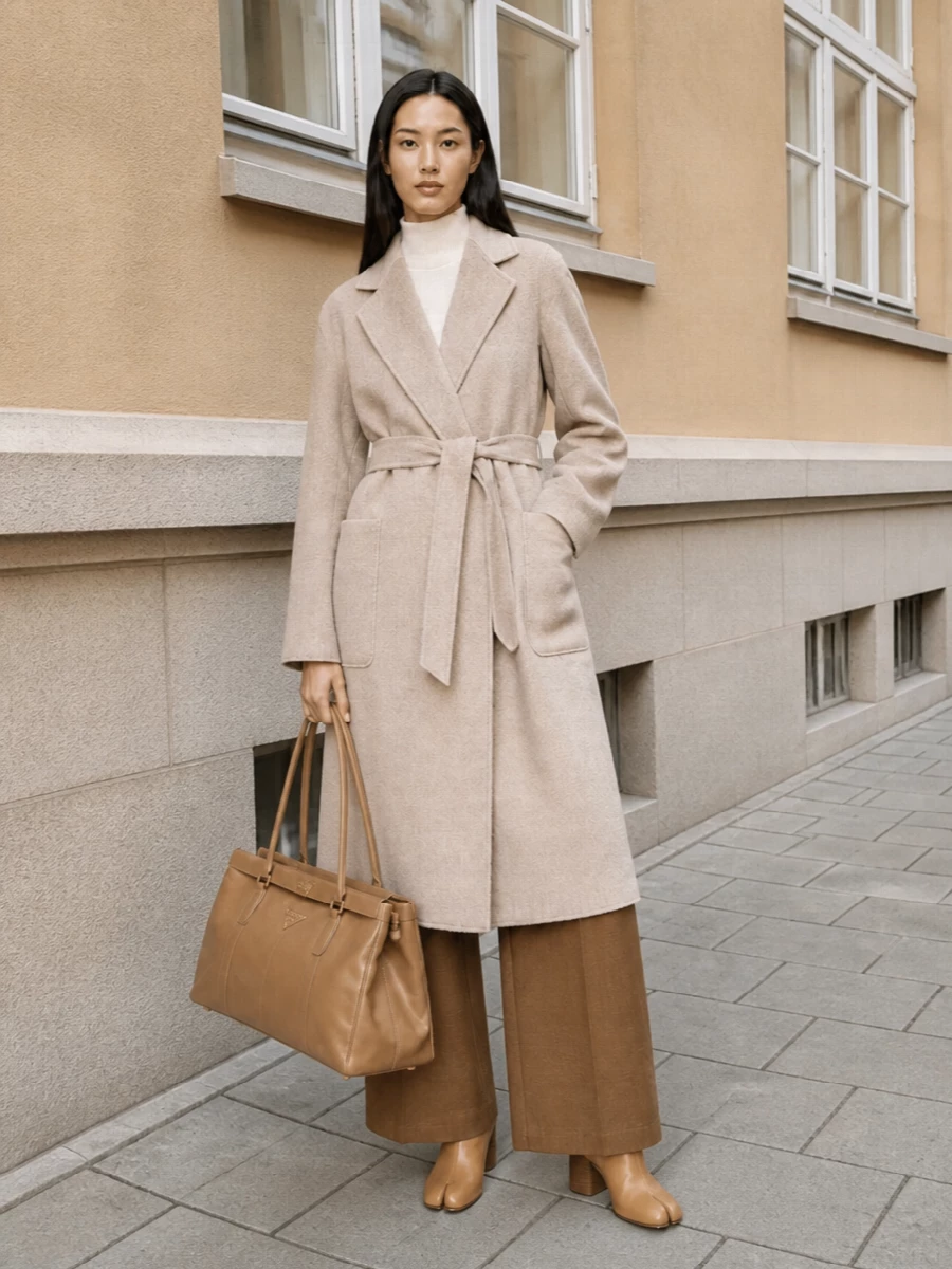Max mara camel coat wide leg trousers outfit