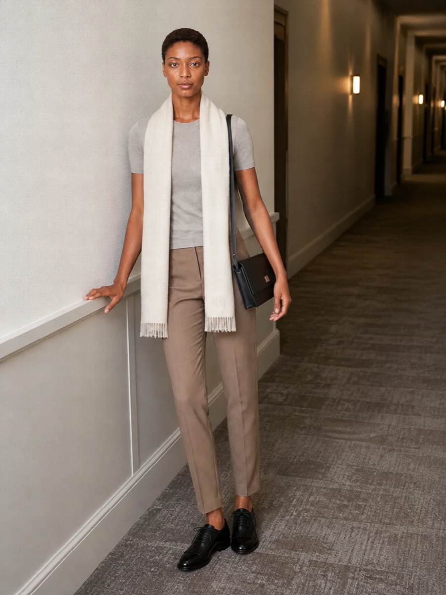 Max mara taupe trousers knit tee derby outfit
