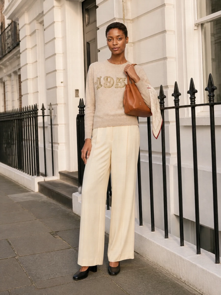 Max mara beige sweater wide leg trousers outfit