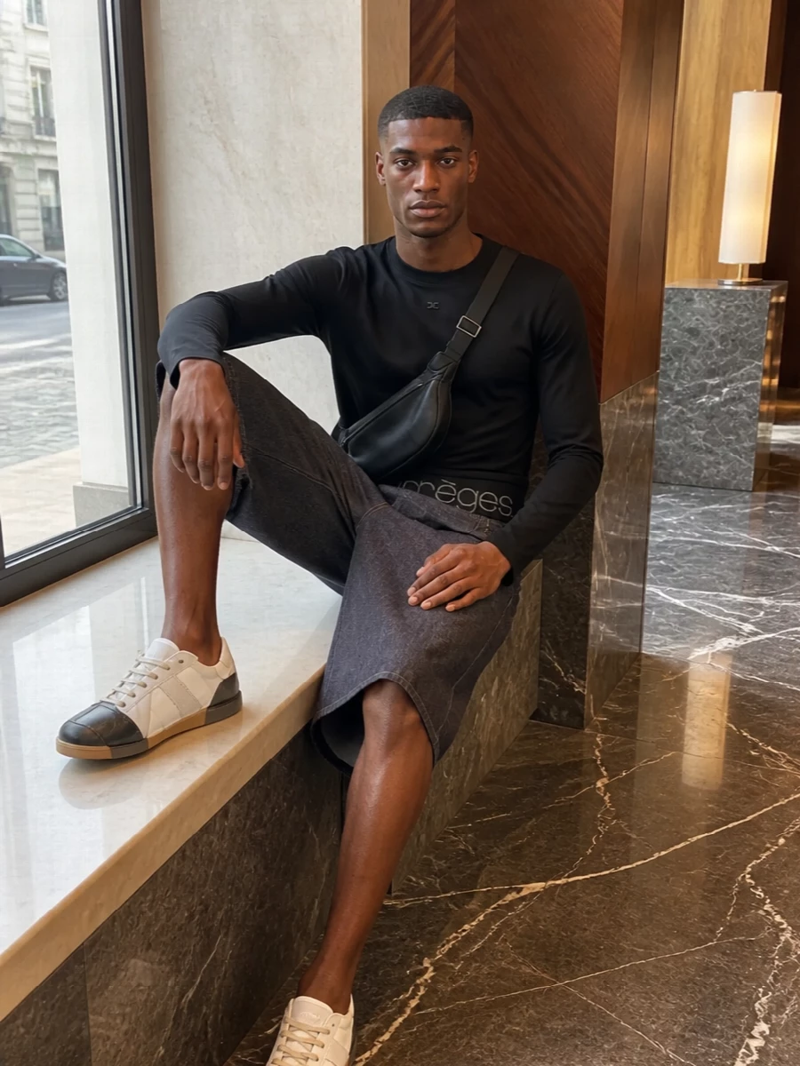 Courreges black long sleeve bermuda sneaker outfit
