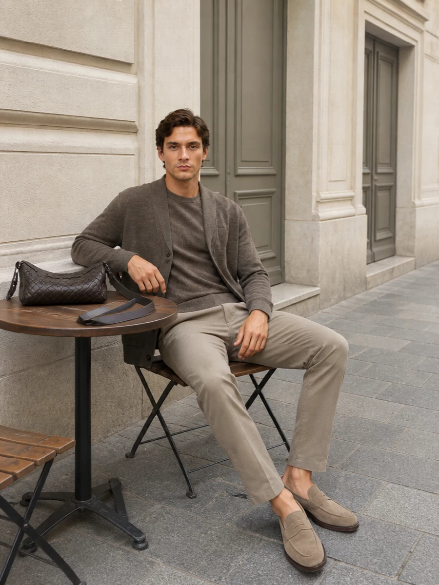 Brioni brunello cucinelli taupe cardigan outfit