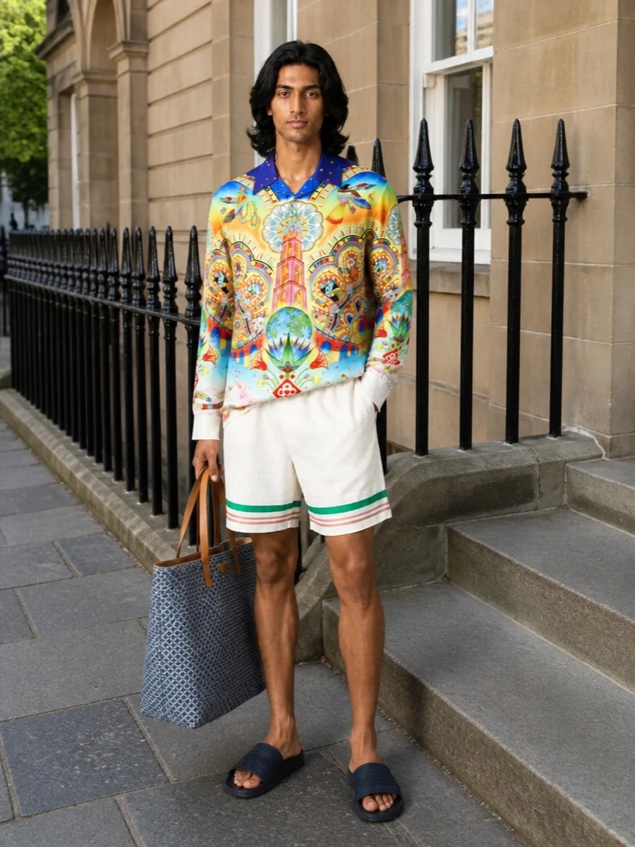 Casablanca printed shirt ivory shorts slides