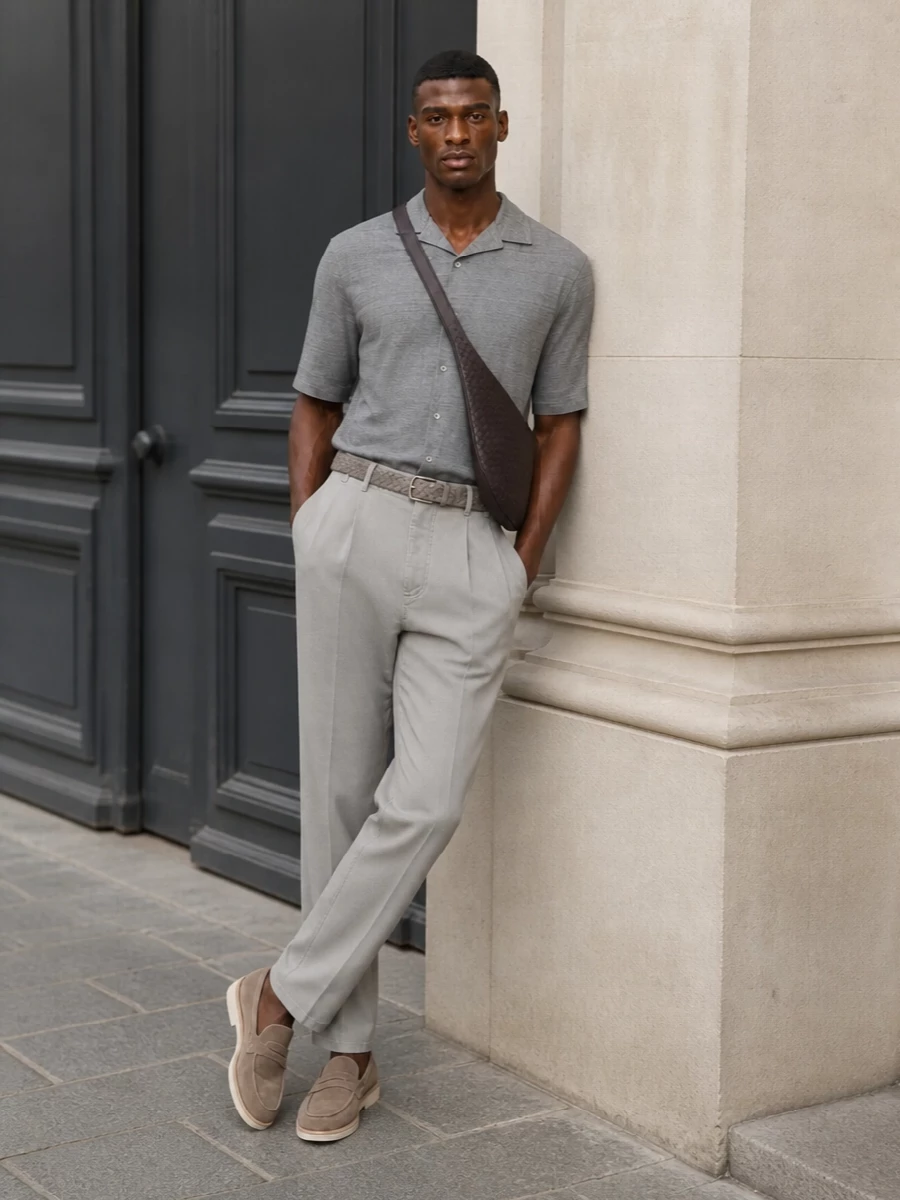 Stone pleated trousers grey camp collar shirt outfit