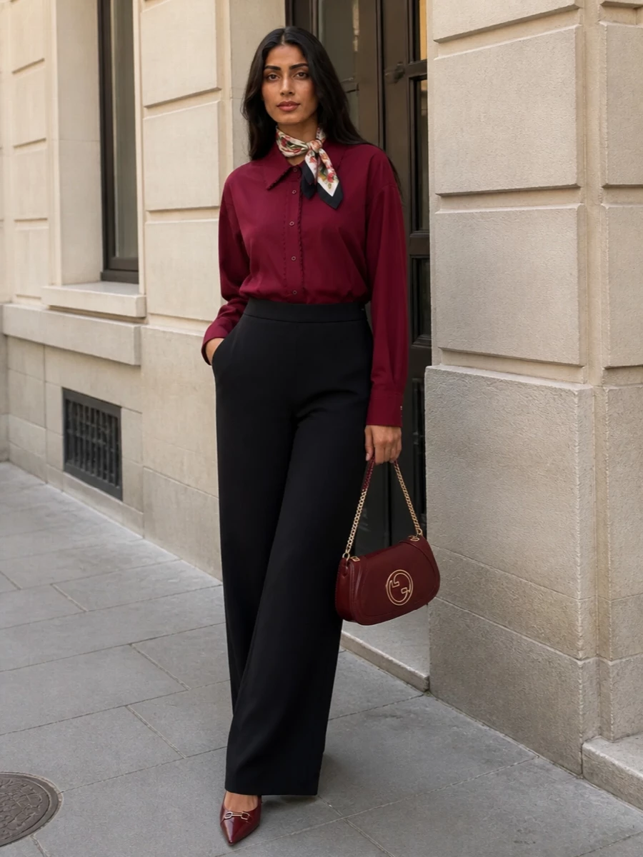 Burgundy lace shirt black wide leg trousers outfit