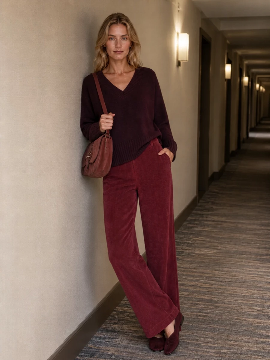 Aubergine and wine tones flow together in an easy winter pairing, with the relaxed V-neck knit settling neatly over long, corduroy legs. The tonal ballerinas and suede shoulder bag keep the palette deep and considered, letting texture and proportion quietly do the work. It is soft, city-ready and quietly expressive, with a hint of boho warmth through color rather than print.