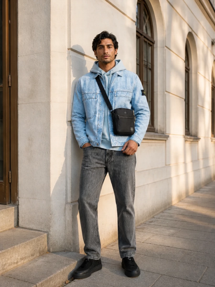Stone island denim trucker grey jeans outfit